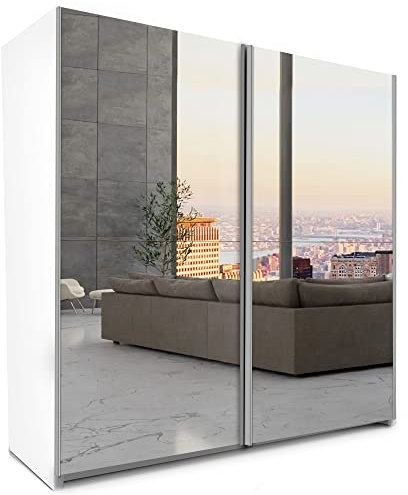 COMFATRA Atlanta 203cm Double Wardrobe with Sliding Doors Mirror Wardrobe, Atlanta 2 Door Wardrobe with Hanging Rails & Adjustable Shelves, Space Saving Wardrobe for Bedroom Furniture (White)