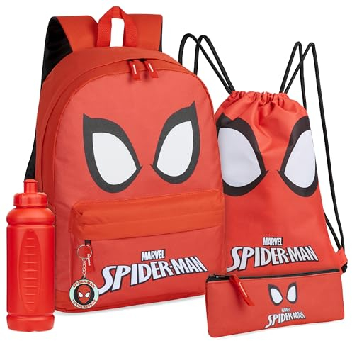 Marvel Schulrucksack Set mit Rucksack Kinder, Turnbeutel, Federmäppchen Jungen, Trinkflasche 470 ml & Keyring - Schul Sachen (Rot Spiderman)
