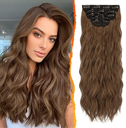 BARSDAR Clip in Extensions, 5 PCS Lange Wellige Clip in Haarverlängerungen Dickes Natürliches Weiches Synthetisches Haarteil Für Frauen Mädchen -50 cm, Dunkelbraune Mix Auburn