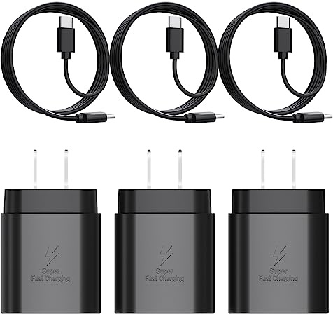 Type C Charger, 3-Pack 25W Type C Super Fast Charging Block with USB C Charger Cable Compatible with Galaxy S23 Ultra/S23+/S22/S21/S20/Phone 16/16 Plus/16 Pro Max/15/15 Pro Max/15 Plus（6FT Black）