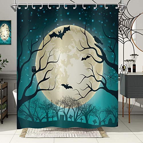 Hnmdmyi Duschvorhang Halloween 180x200, Schwarzer Toter Baum Fledermaus Vollmond Grüner Duschvorhänge Gruseliges Halloween Thema Party Urlaub Badewanne Vorhang Wasserdicht Stoff Waschbar Badevorhang