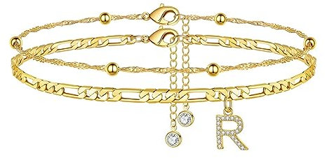 TINGN Fussketten für frauen, Gold Fußkettchen für Damen Fussketten mit CZ Buchstaben R Doppelte Fußkette Verstellbar Geschenk für Sommer Tochter Freund Schwester Geschenk