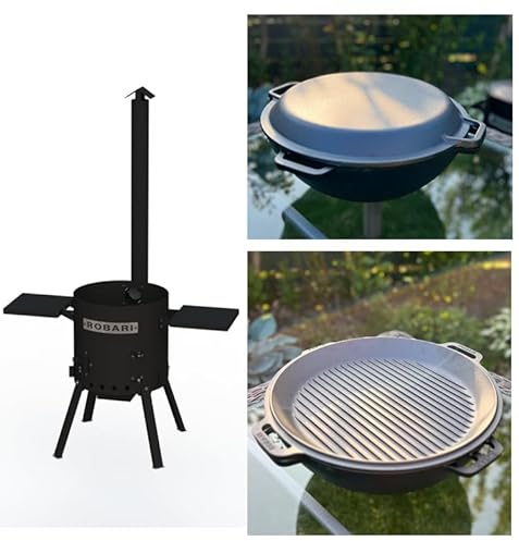 Feuerofen mit Schornstein und 2 Ablagen + Gusseisen Kasan 12 L mit Grilldeckel Utschak Set