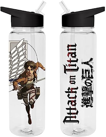 Attack on Titan Water Bottle (Scout Eren Yeager Design) Clear Plastic Water Bottle 540ml, Drinks Bottle - Official Merchandise