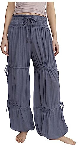 Azruma Sweatpants Damen Schnittschutzhose Ski Hose Damen Frauen Einfarbig Hohe Taille Breites Bein Pumphose Mit Elastischer Bund Und Tunnelzug Latzhose Damen(Grau,S)