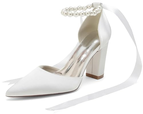 Hanfike Satin Party Schuhe fur Damen Ketten Spitz Braut Hochzeits Prom Pumps mit Schleif JY174 Weiß EU 38