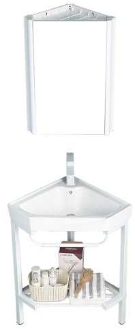 Lavello in ceramica staffa in acciaio inossidabile,mobile sottolavabo per bagno,lavatoio ceramica,Mobile con specchio,rubinetto,accessori,adatto per bagno,balcone,camera degli ospiti (Color : Set 2,