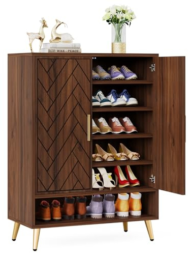 LITTLE TREE Schuhschranks, Holz Schuhkommode mit 2 Türen, Schuhregal mit 6 Ebenen und verstellbaren Regalen, Schmaler Schuhschrank für Wohnzimmer, Flur, Schlafzimmer, Braun