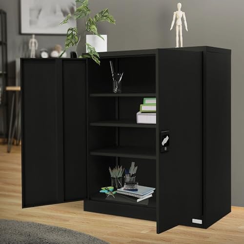 ML-Design Armoire à Dossiers Verrouillable 90x40x109 cm, Noir, en Acier, avec 2 Portes, 3 Etagères Réglables en Hauteur, Armoire Rangement d'Objets, pour Bureau, Chambre, avec Deux Clés Incluses