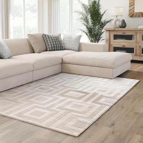 Interiyou Tappeto salotto pelo corto Cannes - 240x340 cm Crema - Stile boho scandinavo con effetto 3D alto-basso - Piatto con motivo geometrico