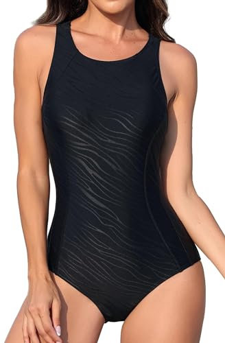Attraco Damen Sport Einteiliger Badeanzüge Racerback Sport Bademode Bauchweg Sportbadeanzüge für Frauen Surfen Schwimmanzug Schwarz M