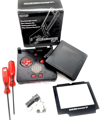 Custom GBASP Extra Gehäuse Case Shell Clear Black + Sammelbox Ersatz, für Gameboy Advance GBA SP Konsole, Außengehäuse + Bildschirmabdeckung, Leuchtpads & Stecker, Roter Knopf, Werkzeuge
