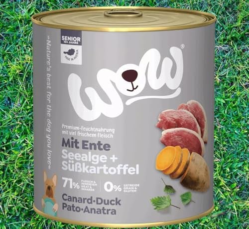 Wow Hundefutter nass Senioren mit Ente, 6x800g | reichhaltiges Nassfutter für ältere Hunde Aller Rassen I Beste Qualität mit viel Fleisch, Seealge & Süßkartoffel I getreidefrei & hohe Verträglichkeit