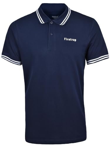 Firetrap Mens Polo Shirt Cotton Polos Tshirt Short Sleeve Summer Ribbed Tipping Collar Tshirts Top Navy XXL