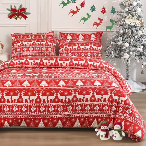 DXHOME Bettwäsche Weihnachtene 200x200cm Rot Hirsch Winter Bettwäsche-Set für Mädchen Jungen Geschenke für Kinder Weiche Mikrofaser Bettbezug mit Reißverschluss und 2 Kissenbezüge 80×80cm