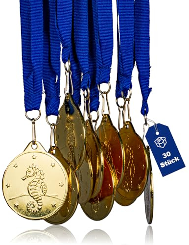Pokal-Fabrik - Seepferdchen-Medaillen 30er Set Metall - Seepferdchenmedaille golden zum Umhängen für Siegerehrungen - Schwimmabzeichen Gold - Medaillen Kinder mit blauem Band für Vereine & Turniere