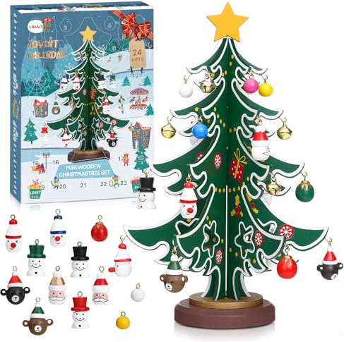LIHAO Calendrier de L'Avent 2024, Mini Sapin de Noël en Bois pour Décorations Noël Table Cadeaux Enfants - XS
