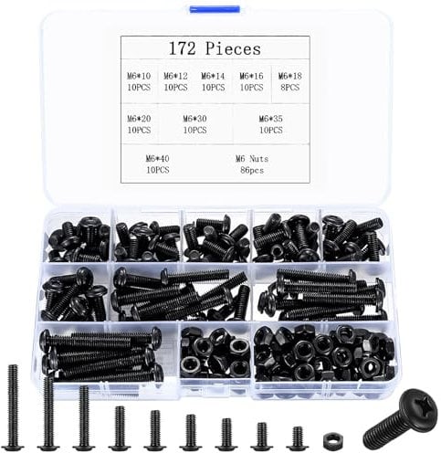 172 Pcs M6 Assorted Bolts and Nuts Set, Machine and Bolts, Flat Washer Head Cross Screws Nuts Assortment Kit, Black Thread Fastener Screws and