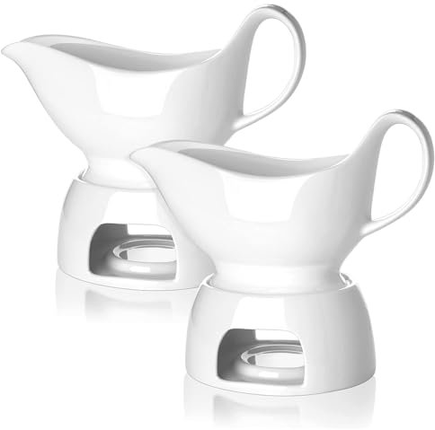 Nucookery Classic 17 Oz Gravy Boat with Warmer, White Fine Porcelain Saucier With Big Dripless Lip Spout, Bowl For Thanksgiving, Warming Sauces, Salad Dressings, Microwave & Freezer Safe(Set of 2)