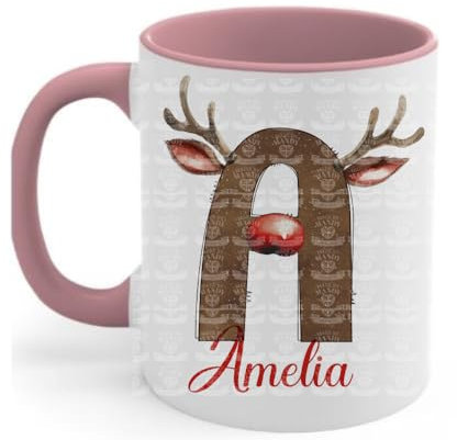 Personalised Christmas reindeer red mug gift office mug hot chocolate mug christmas movie mug reindeer alphabrt mug (Pink)