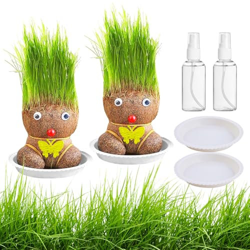ZDNT 2 Stück Graskopf Wachsende,Graskopf Puppenpflanze,Wachsende Graskopf Puppenpflanze,Graskopf Haarwuchs,Grass Head Doll Bonsai Growing Plants,Mini Bonsai Gras Kopf Figure Puppen Für Schlafzimmer