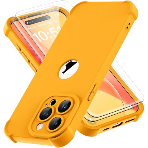 ORETECH para Funda iPhone 15 Pro MAX, con [2X Protector Pantalla][Protección de Cámara][Protección contra Caídas 15 FT] Antigolpes Anti-Choque Silicona Carcasa iPhone 15 Pro MAX, Amarillo