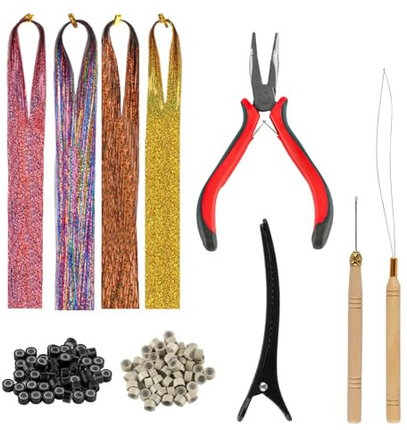4 Farben Tinsel Hair Tinsel, 90cm Haar Lametta, 800 Stränge Haarsträhnen zum Einflechten, Haarverlängerungen mit Zubehör, Haar Glitzer Strähnen Haare Nanoring Extensions Microring Extensions Zubehör