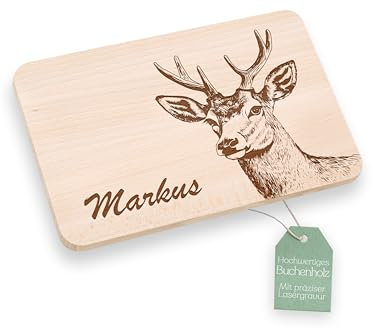 Personalisiertes Frühstücksbrett für Mann - Brotzeitbrett mit Gravur, Geschenk und Vesperbrett, Abenteuernah (Hirsch)