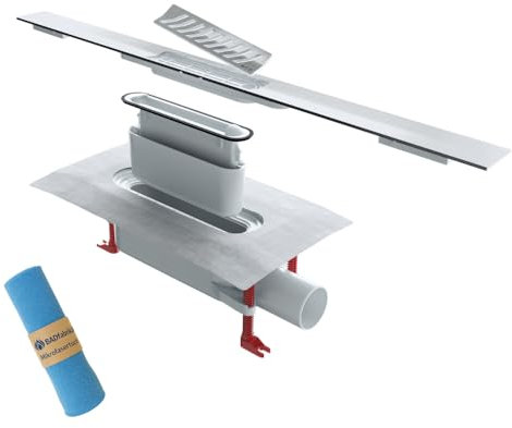 BADfabrik24 ACO ShowerDrain S+ Komplettset – Ablaufkörper 3/5 cm Sperrwasserhöhe, Duschrinnenprofil Stripes Silber/Schwarz, 80/90/100/120 cm) + Mikrofasertuch (Ablaufkörper 3cm, Silber 90 cm)