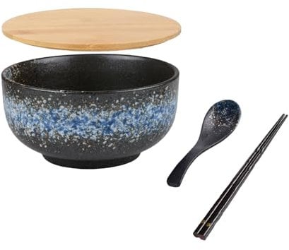Yuedefly Lot de 4 grands bols à ramen japonais en céramique avec cuillères et baguettes pour pâtes, soupe, salade, collation (bleu)