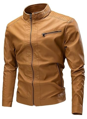 Chiodo Pelle Uomo,Giacca In Similpelle Da Uomo, con Cerniera, Morbida Al Tatto, Stile Motociclista, In Pelle, A Maniche Lunghe, con Collo Alto, Leggera, Antivento, Da Mezza Stagione, Giallo Xxs