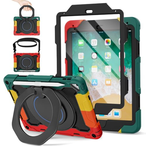 ROISKIN Case for iPad 6th/ 5th Generation 9.7 Inch 2018/2017, iPad Air 2 | with Screen Protector,Rotating Stand,Pencil Holder,Shoulder Strap, Heavy Duty Rugged Kids Cover for iPad Pro 9.7, lack-Red