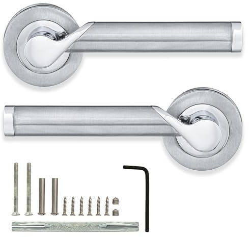 XFORT Enterprise Lever on Rose Door Handles, Internal Door Handle Sets, Lever Latch Door Handle, Interior Door Handles for Home & Office – Polished Chrome/Satin Chrome Nickel Dual Finish