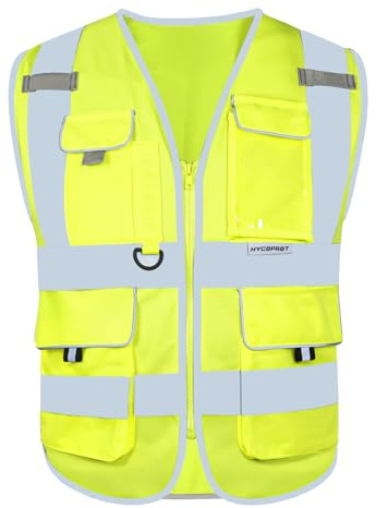HYCOPROT Sicherheitswesten Warnweste Hohe Sichtbarkeit Sicherheit Reflektierendes Weste Executive Manager Workwear Jacke Zip Band Brace Handytasche Ausweishalter Warnwesten EN ISO 20471 Standards