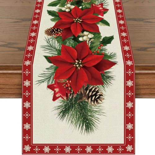 Weihnachten Poinsettie Blumen Tischläufer, Weihnachtstischläufer Rot, Weihnachts Tischdeko, Saisonnal Winter Küche Tisch Dekoration Drinnen Urlaub Party Dekor 40x140 cm