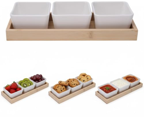 Punorric Snack Bowls & Wooden Serving Tray Set - Ceramic Tapas Dishes with Dipping Bowls, Party Serving Trays and Platters, Food Serving Trays for Home Dining Baking Catering Gift