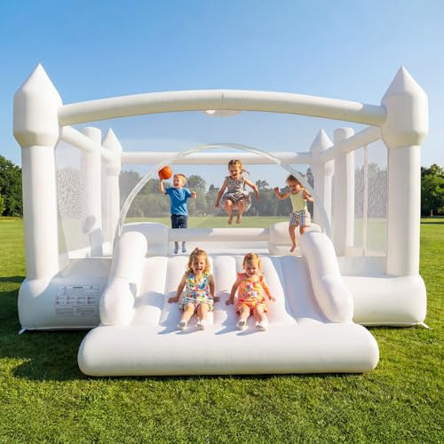 Hapfan White Inflatable Bounce House for Big Kids, 15' x 12' Large Outdoor Bouncy Castle with Blower, Wider Slide & Basketball Hoop, Holds 6 Kids Great for Birthday or Party, 600 lbs