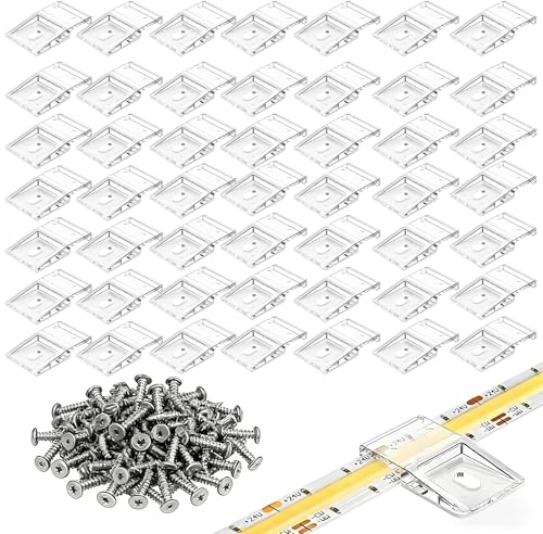 Leloco LED Streifen Befestigung Clips 50 Stück Transparente Halterung | Für 10mm IP30/IP65 LED Strip. Inkl. Schrauben & Klebepad. Wetterfest, UV-beständig. Auch als Kabelorganizer nutzbar.