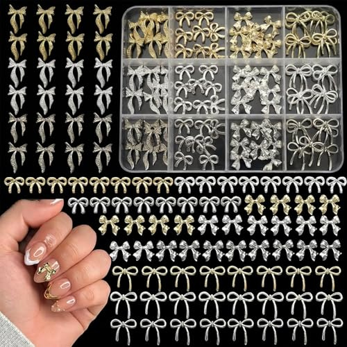 96pcs 3D Bow Nail Charms and Nail Gems, 4 Styles Gold and Silver Metal Alloy Bowknot Charms, Shiny Nail Rhinestones for Women Girls, Nail Art, Manicure, DIY Jewelry Making