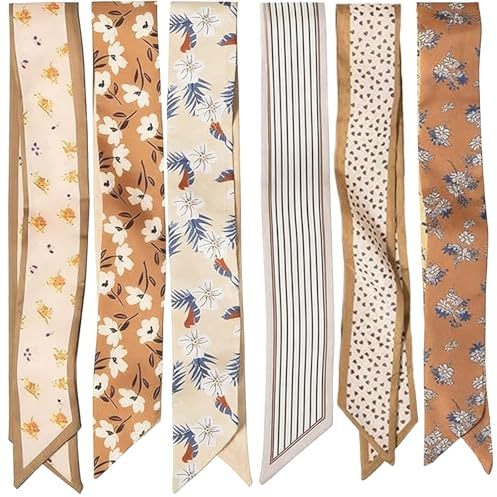 Floruvia Lot de 6 écharpes tendance pour dames, foulards boho polyvalents en satin, écharpe pour cheveux, cou, poignet et accessoires de sac