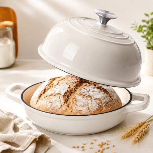 Dutch Oven for Bread Baking,24cm Enamelled Cast Iron Dutch Oven,Dutch Oven Pot with Domed Lid for Sourdough Bread,Heavy Duty Bread Baking Pot for Roasting, Braising & Stewing