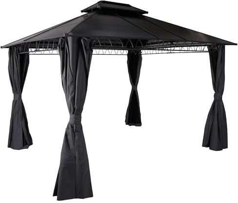BERLINLODGE Hardtop Pergola | HxBxT 290x360x300cm | Pavillon | Grau | Aluminium Dachstreben 7cm-Stahlgestell mit Seitenwand und Moskitonetz