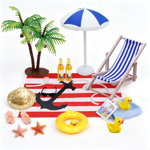 16 Stück Strand-Mikrolandschaft Miniatur Dekoration Strand Miniatur Zubehör | 1:12 LiegestüHlen Palmen Sonnenschirmen Strandmatte Seesterne Strohhut für DIY Garten Landschaft Stranddekorationen Deko