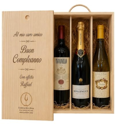 Enoteca Bevi Bene Cassetta Portabottiglie Vino in Legno Personalizzabile per 3 Bottiglie (Escluse), Scatola Regalo Incisione Laser di Testi, Loghi Immagini, Legno Naturale,30x35x10cm - incisione testo