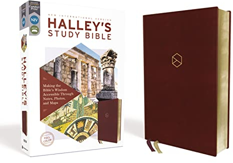 NIV, Halley's Study Bible (A Trusted Guide Through Scripture), Leathersoft, Burgundy, Red Letter, Comfort Print: Making the Bible's Wisdom Accessible Through Notes, Photos, and Maps