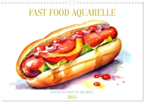FAST FOOD AQUARELLE (Wandkalender 2025 DIN A3 quer), CALVENDO Monatskalender: Kunstvoll schnelles Essen mit Wasserfarben (CALVENDO Lifestyle)