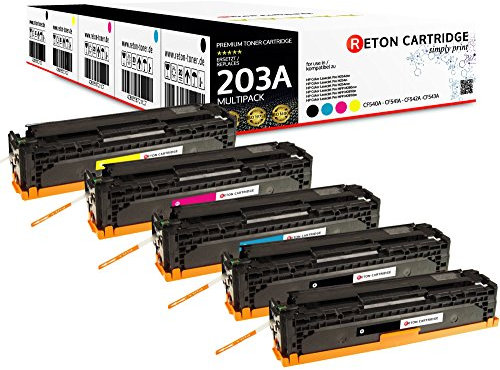 5 Original Reton Toner | 40% höhere Druckleistung | kompatibel zu HP 203A, CF540A, CF541A, CF542A, CF543A für HP Laserjet Pro M281fdw, Pro M280nw, Pro M281fdn, Pro M254nw,Pro M254dw