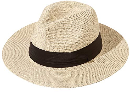JOYEBUY Sombrero de paja plegable de verano UPF50 para mujer sombrero de playa de Fedora, Caqui, Talla única