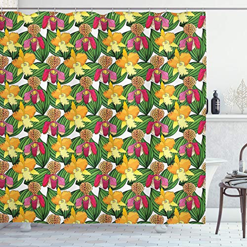 ABAKUHAUS Orchids Shower Curtain, Tropic Foliage with Rubber Fig Tree Leaf Woody Plants Ornamental Fragrance Print, Cloth Fabric Bathroom Decor Set with Hooks, 78 Inches, Multicolor