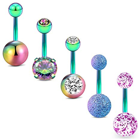 D.Bella 14G Chirurgenstahl Bauchnabelringe 10mm 3/8 Langhantel Bauchnabelringe Piercing für Frauen Mädchen Schwarz Regenbogen Bauchnabelringe Bauchnabelringe Piercing für Frauen
